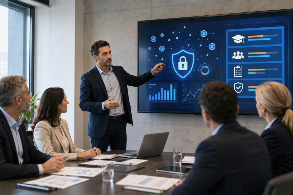 Consultor especializado en ciberseguridad explica a directivos de empresa la adaptación a NIS2, la formación en concienciación de seguridad y los requisitos de cumplimiento normativo para proteger la organización frente a ciberataques.