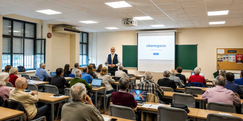 José Avilés Vega impartiendo una formación sobre ciberseguridad ante un grupo de asistentes en un aula, con una pantalla que muestra el título «ciberseguros».